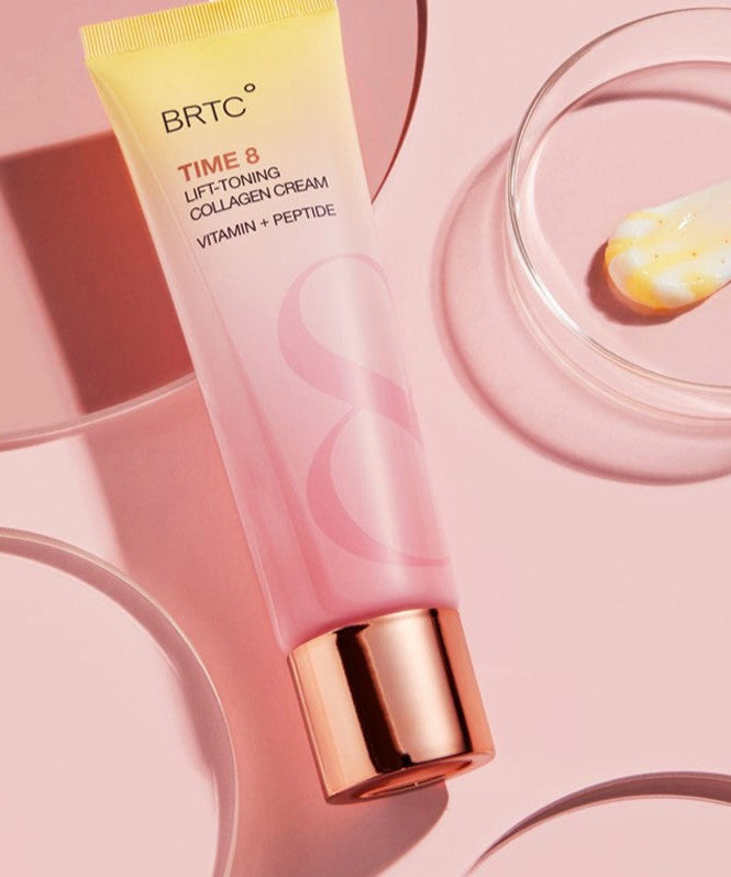 BRTC Time 8 LIft-Toning Collagen Cream 80ml tube on pink background with cream sample next to it