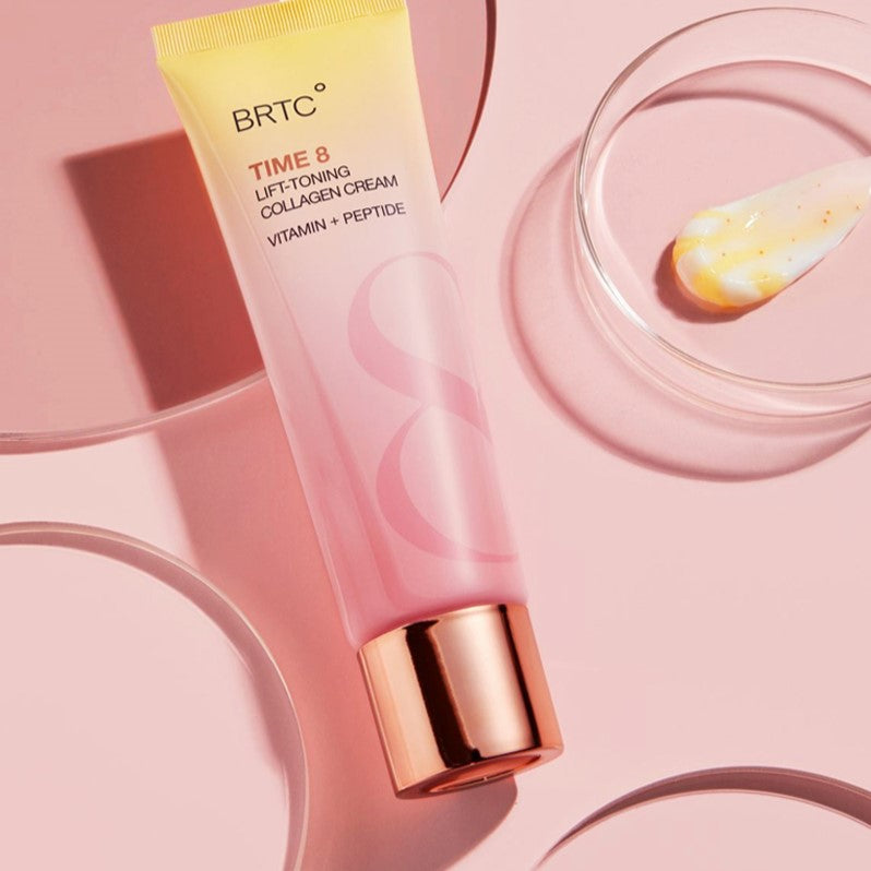 BRTC Time 8 LIft-Toning Collagen Cream 80ml tube on pink background with cream sample next to it