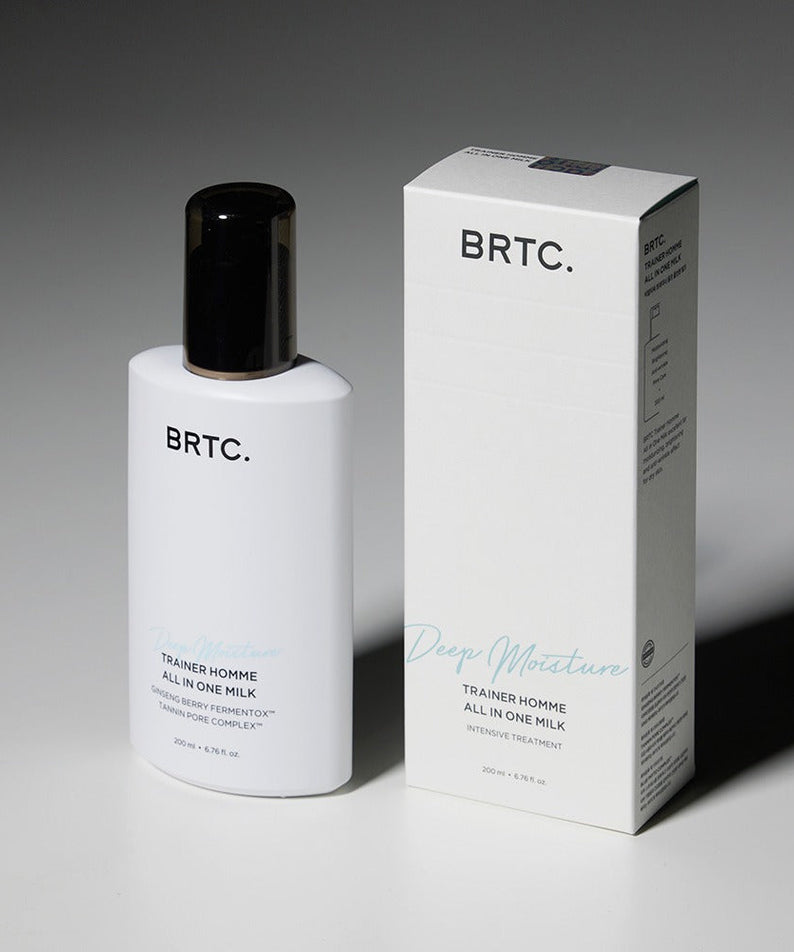 BRTC Trainer Homme ALl-in-One Milk 200ml white bottle and box product shot by Gentleman Korea for men’s skincare