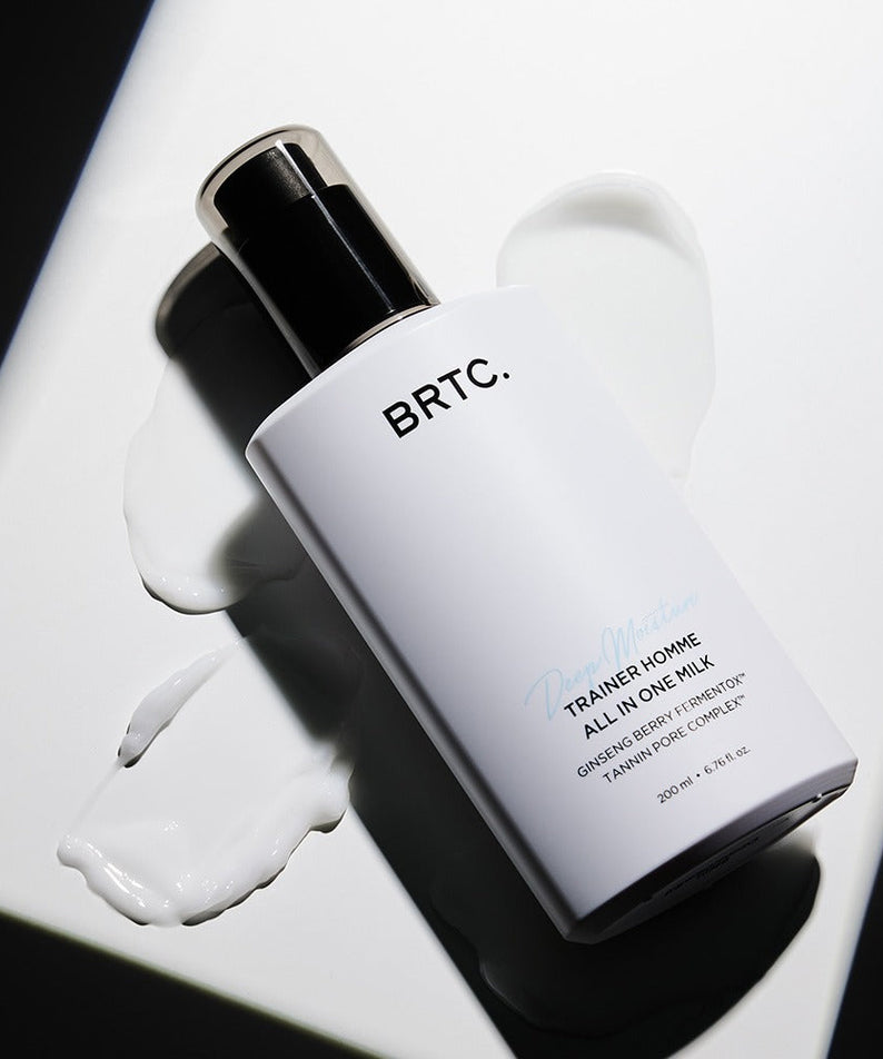 BRTC Trainer Homme ALl-in-One Milk 200ml bottle on white background, Gentleman Korea premium men’s skincare product