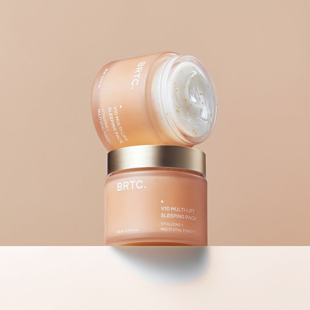 BRTC V10 Multi-Lift Sleeping Pack 80ml botanical skincare product with lid open showing cream texture, ideal for night use.
