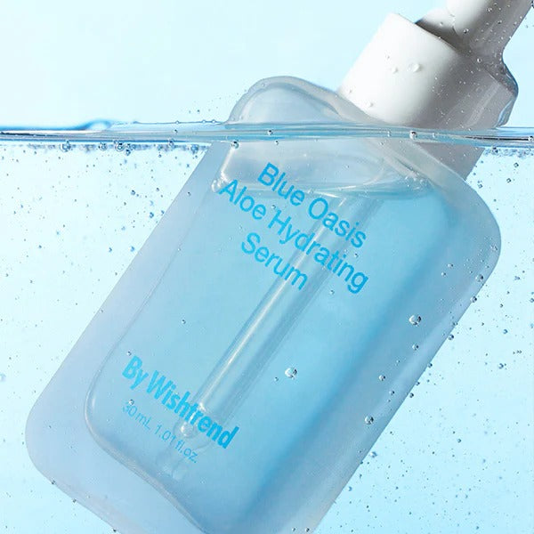 BY WISHTREND Blue Aloe Hydrating Serum 30ml bottle submerged in water