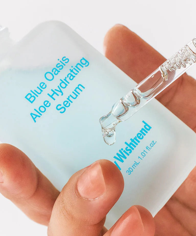 BY WISHTREND Blue Aloe Hydrating Serum 30ml bottle with dropper showcasing hydrating formula.