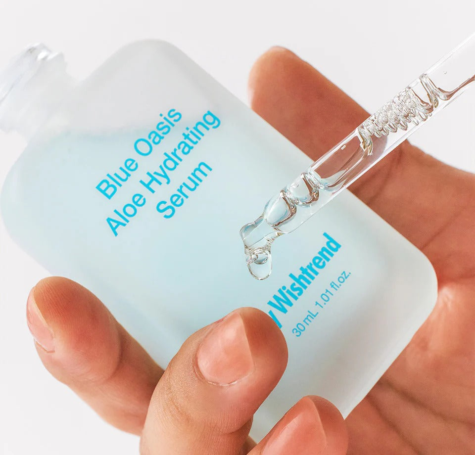 BY WISHTREND Blue Aloe Hydrating Serum 30ml bottle with dropper showcasing hydrating formula.