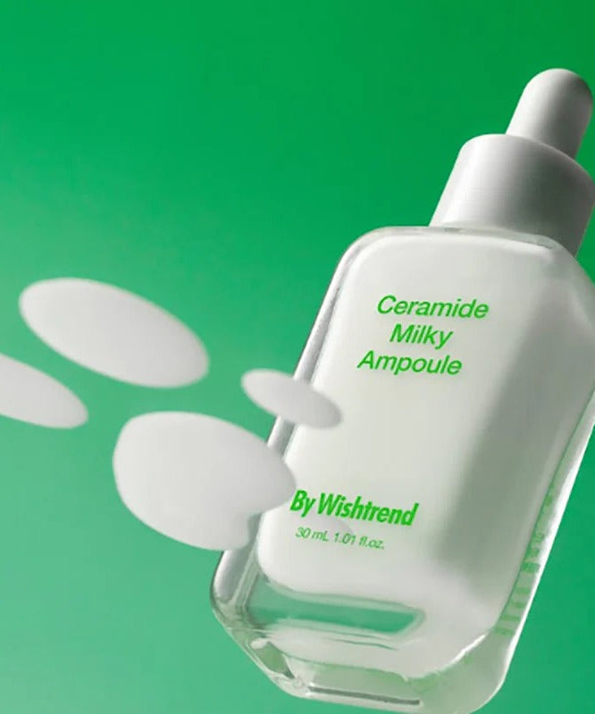 BY WISHTREND Ceramide Milky Ampoule 30ml product image with green background.