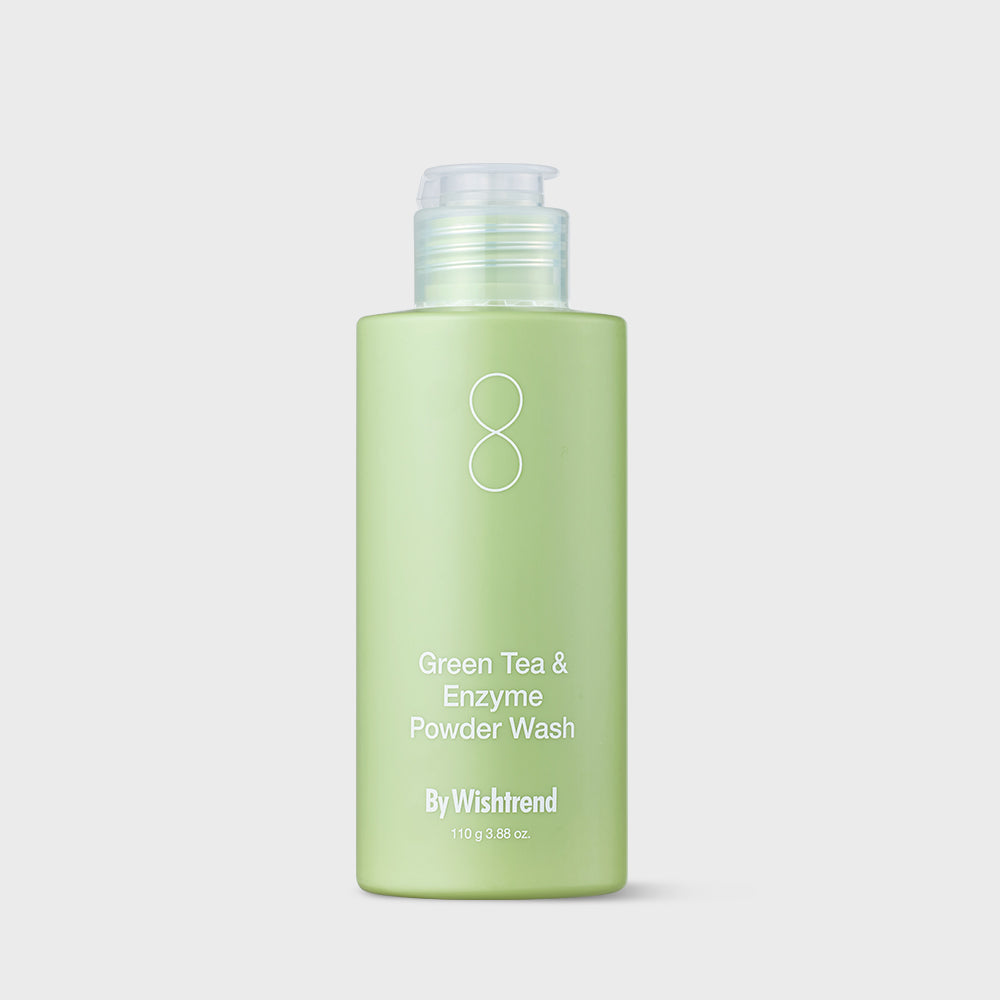 BY WISHTREND Green Tea & Enzyme Powder Wash 110g in green bottle on white background