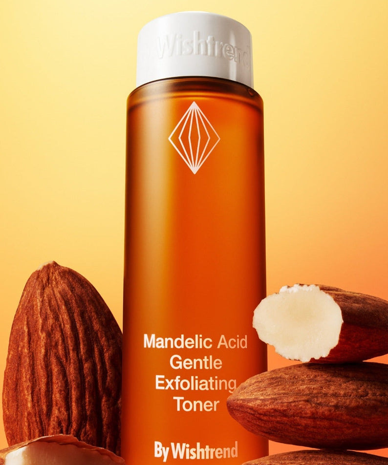 BY WISHTREND Madelic Acid Gentle Exfloliating Toner 150ml with almonds on a warm background