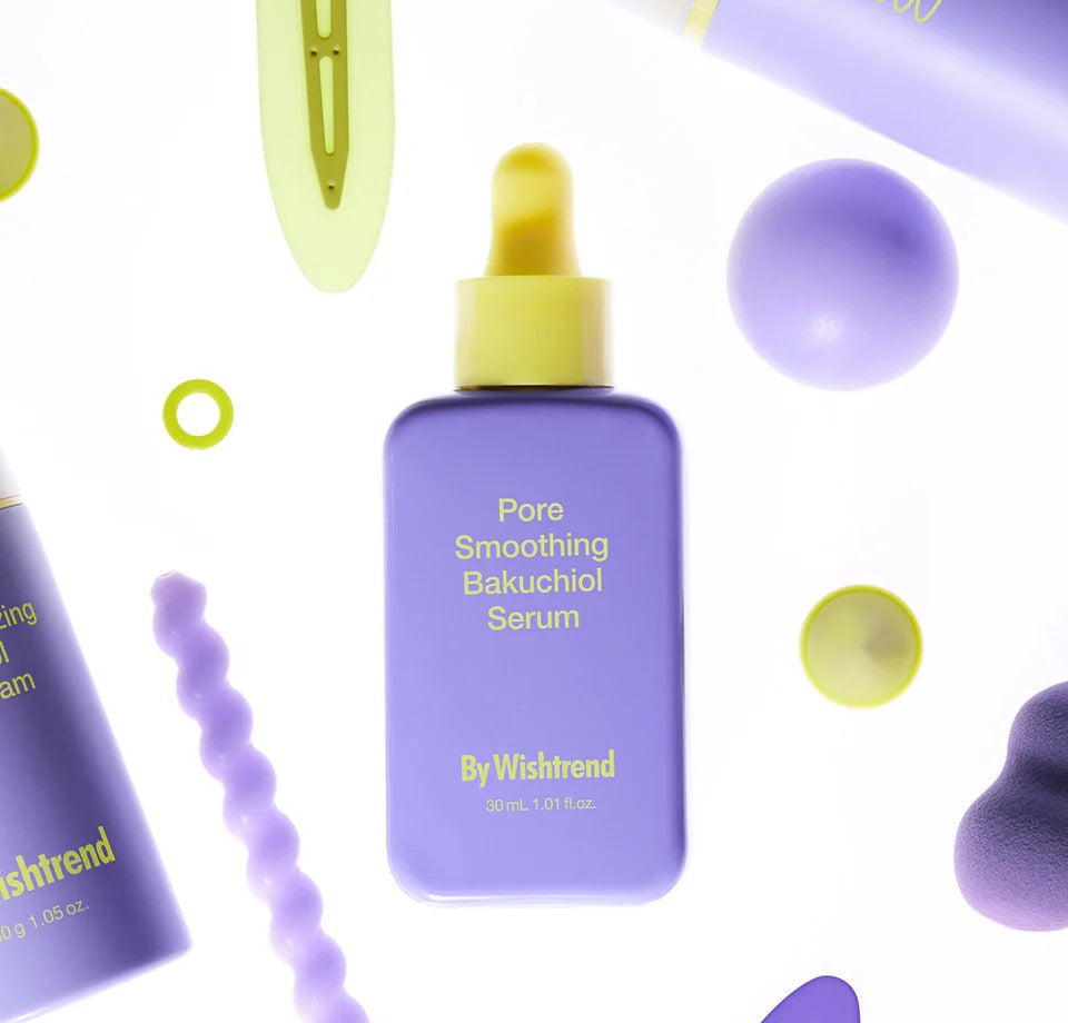 BY WISHTREND Pore Smoothing Bakuchiol Serum 30ml product bottle with pipette featured among colorful skincare items.