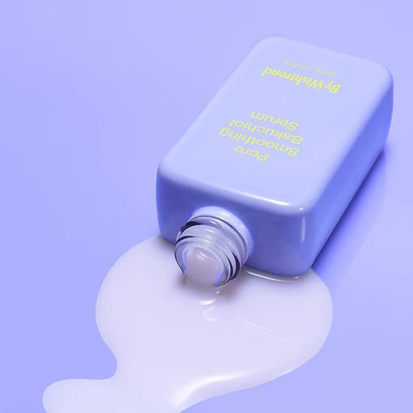BY WISHTREND Pore Smoothing Bakuchoil Serum 30ml bottle open with serum spilling on purple background