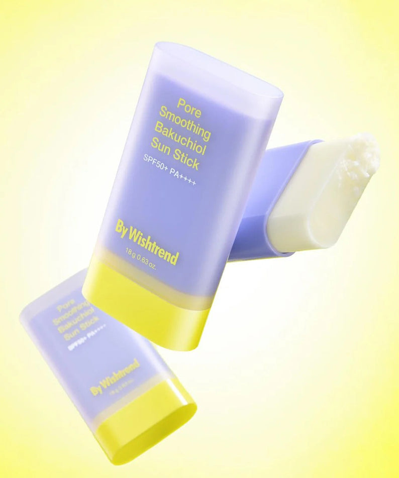 BY WISHTREND Pore Smoothing Bakuchoil Sun Stick 18g with open stick showing texture on yellow background