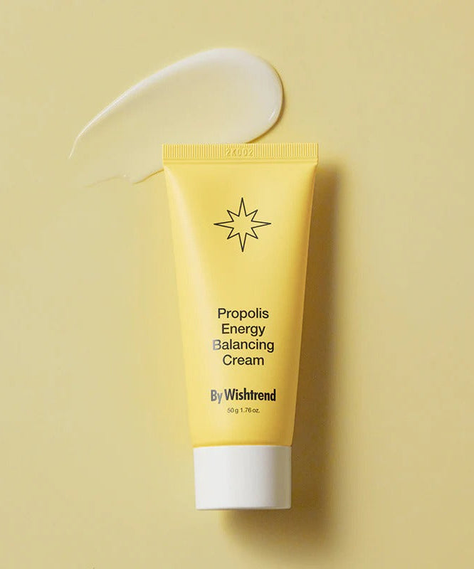 BY WISHTREND Propolis Energy Balancing Cream 50g tube on beige background with cream swatch