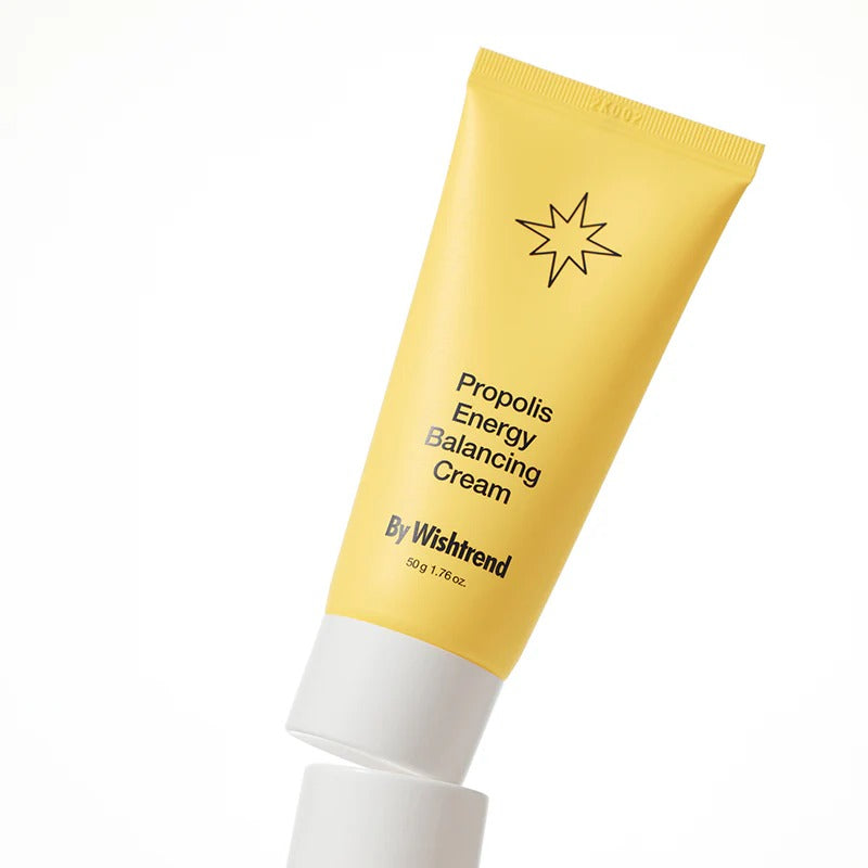 BY WISHTREND Propolis Energy Balancing Cream 50g in yellow tube with white cap on white background