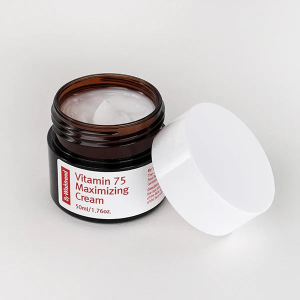 Open jar of BY WISHTREND Vitamin 75 Maximizing Cream 50g showing white cream texture with white lid beside the jar.