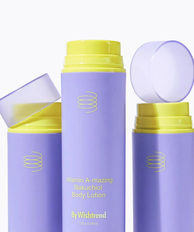 BY WISHTREND Vitamin A-mazing Bakuchiol Body Lotion 150g in purple and yellow packaging with open and closed caps.