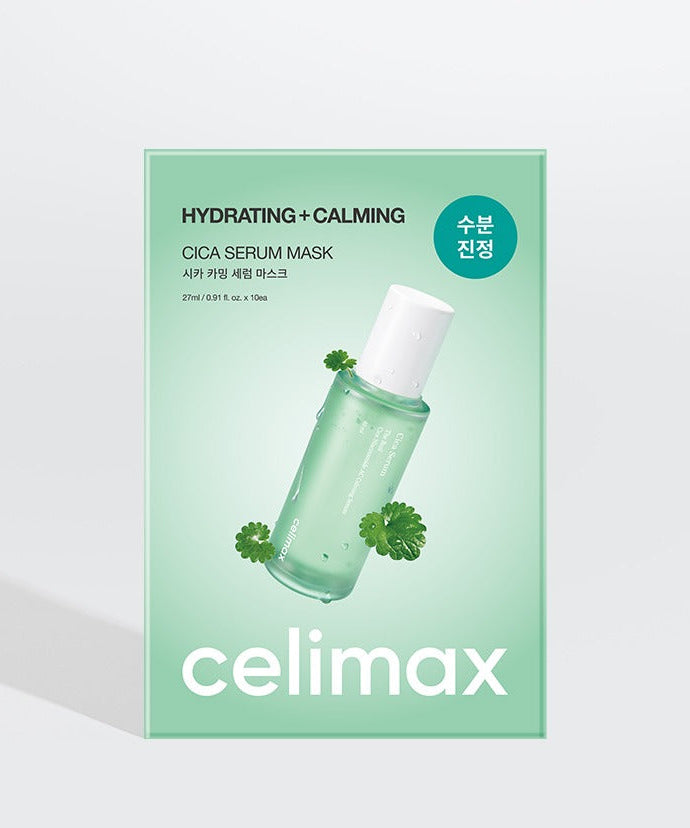 Packaging of CELIMAX Cica Serum Mask 10 Sheets with hydrating and calming properties shown on a green background.
