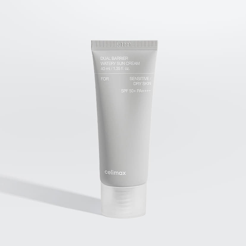 CELIMAX Dual Barrier Watery Sun Cream 40ml tube for sensitive and dry skin, SPF 50+, PA++++, standing on a white surface.