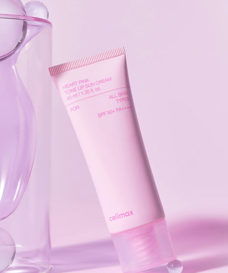 CELIMAX Heart Pink Tone-up Sun Cream 40ml in sleek pink packaging, suitable for all skin types with SPF 50+ protection.