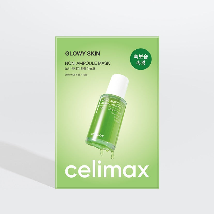 Packaging of CELIMAX Noni Ampoule Mask 10 Sheets with green bottle image and Korean text "Glowy Skin" on the box.