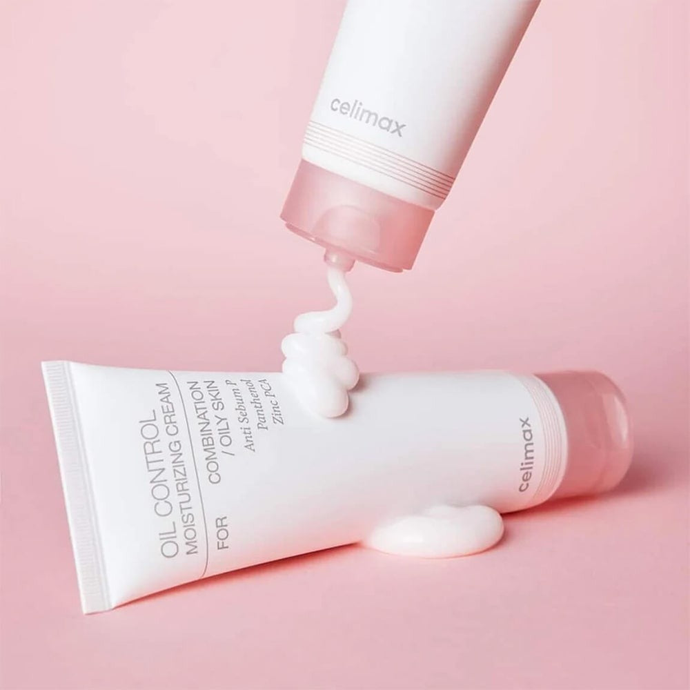 CELIMAX Oil Control Moisturizing Cream 80ml on a pink background, showing cream texture.