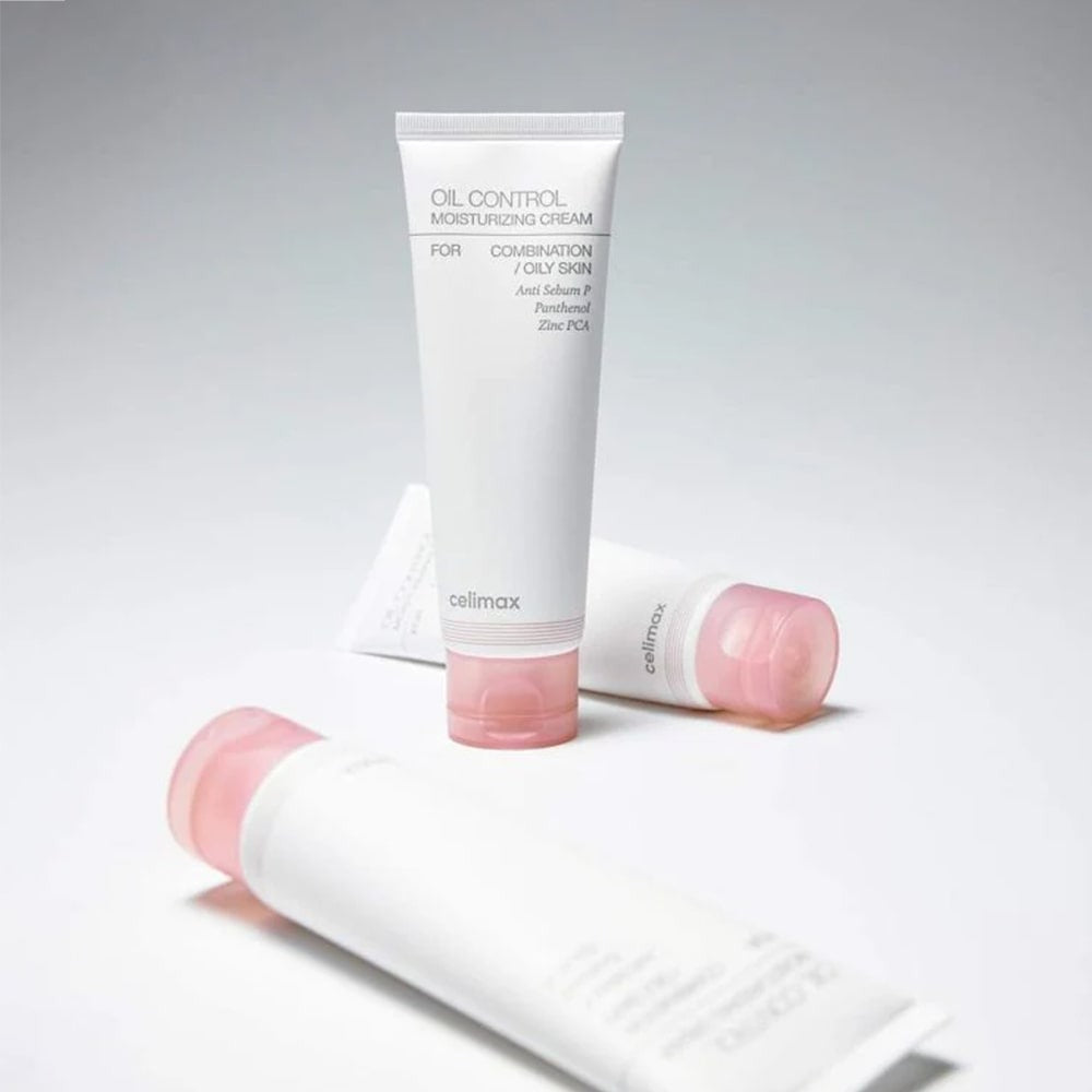 CELIMAX Oil Control Moisturizing Cream 80ml in three tubes with pink caps, designed for oil control and hydration on combination to oily skin.