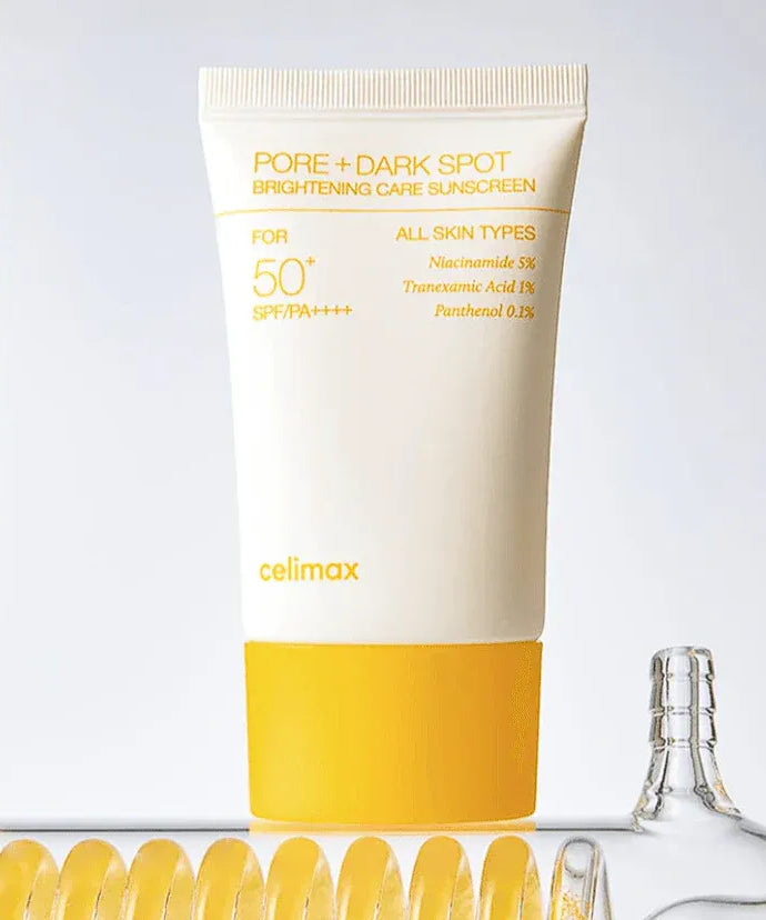 CELIMAX Pore Dark Spot Brightening Care Sunscreen 50ml product bottle with SPF 50 and brightening ingredients.