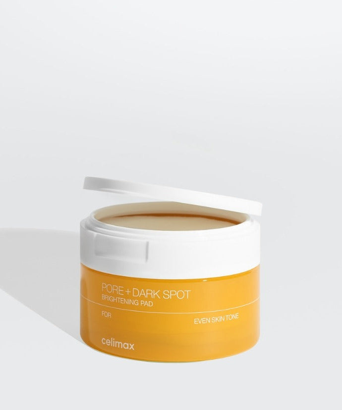 CELIMAX Pore Dark Spot Brightening Pad 40ea in open container, showcasing skincare product for even skin tone and dark spot reduction.