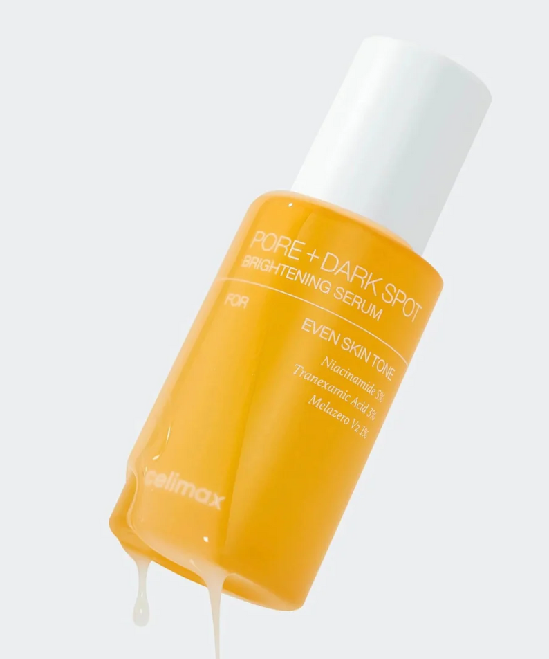 CELIMAX Pore Dark Spot brightening Serum 30ml in a yellow bottle, designed to enhance skin tone and reduce dark spots.