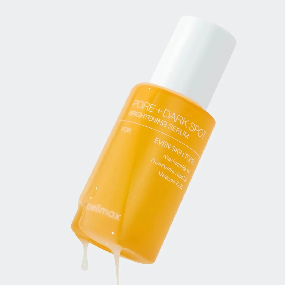 CELIMAX Pore Dark Spot brightening Serum 30ml in a yellow bottle, designed to enhance skin tone and reduce dark spots.