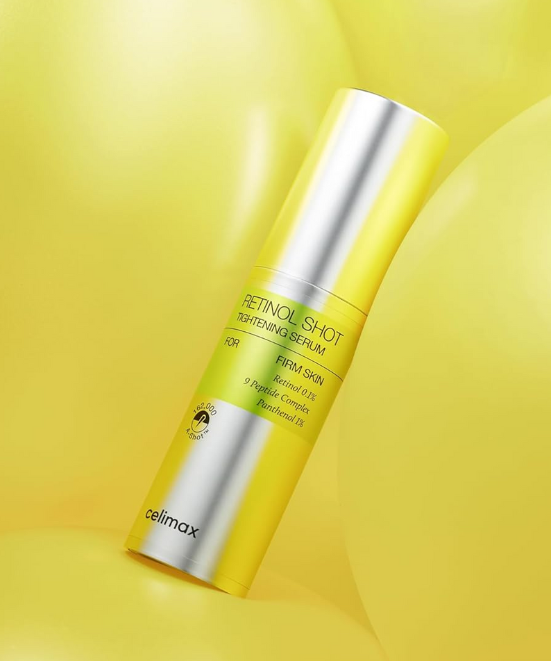 CELIMAX Retinol Shot Tightening Serum 30ml bottle on a yellow background, ideal for firm skin care and anti-aging.