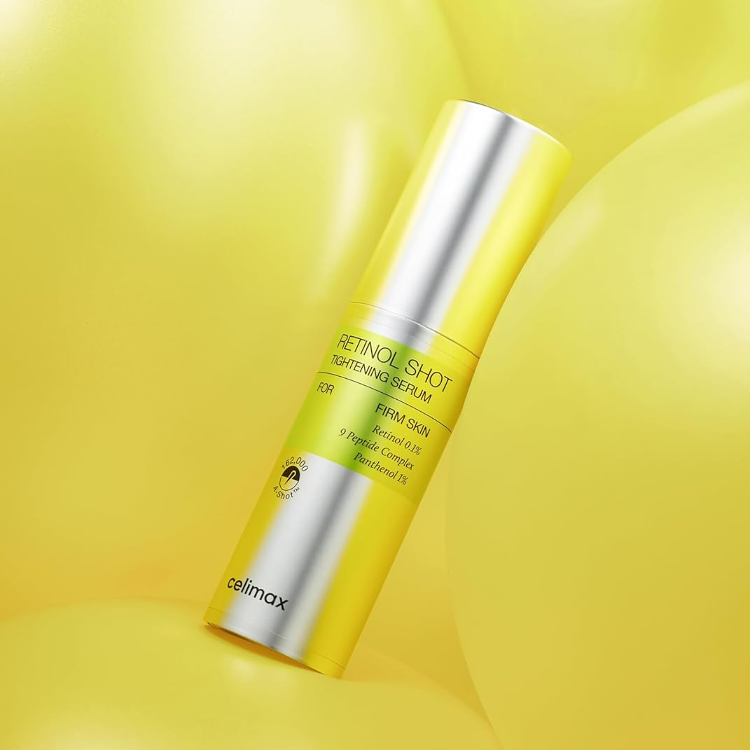 CELIMAX Retinol Shot Tightening Serum 30ml bottle on a yellow background, ideal for firm skin care and anti-aging.
