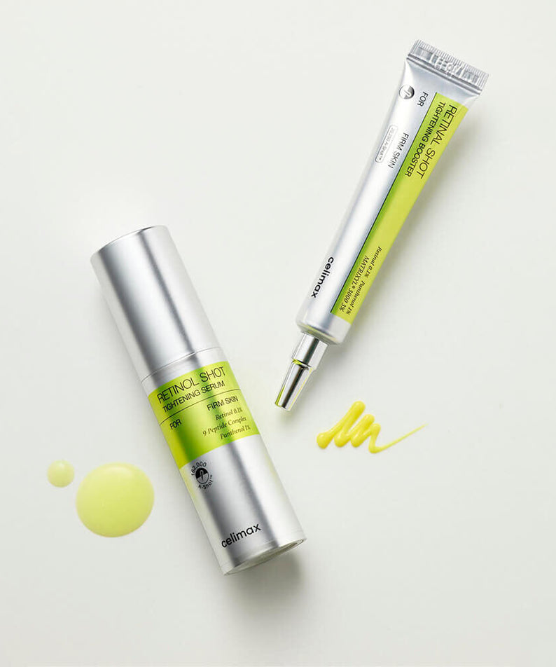 CELIMAX Retinol Shot Tightening Serum 30ml with pump and swatch on white background