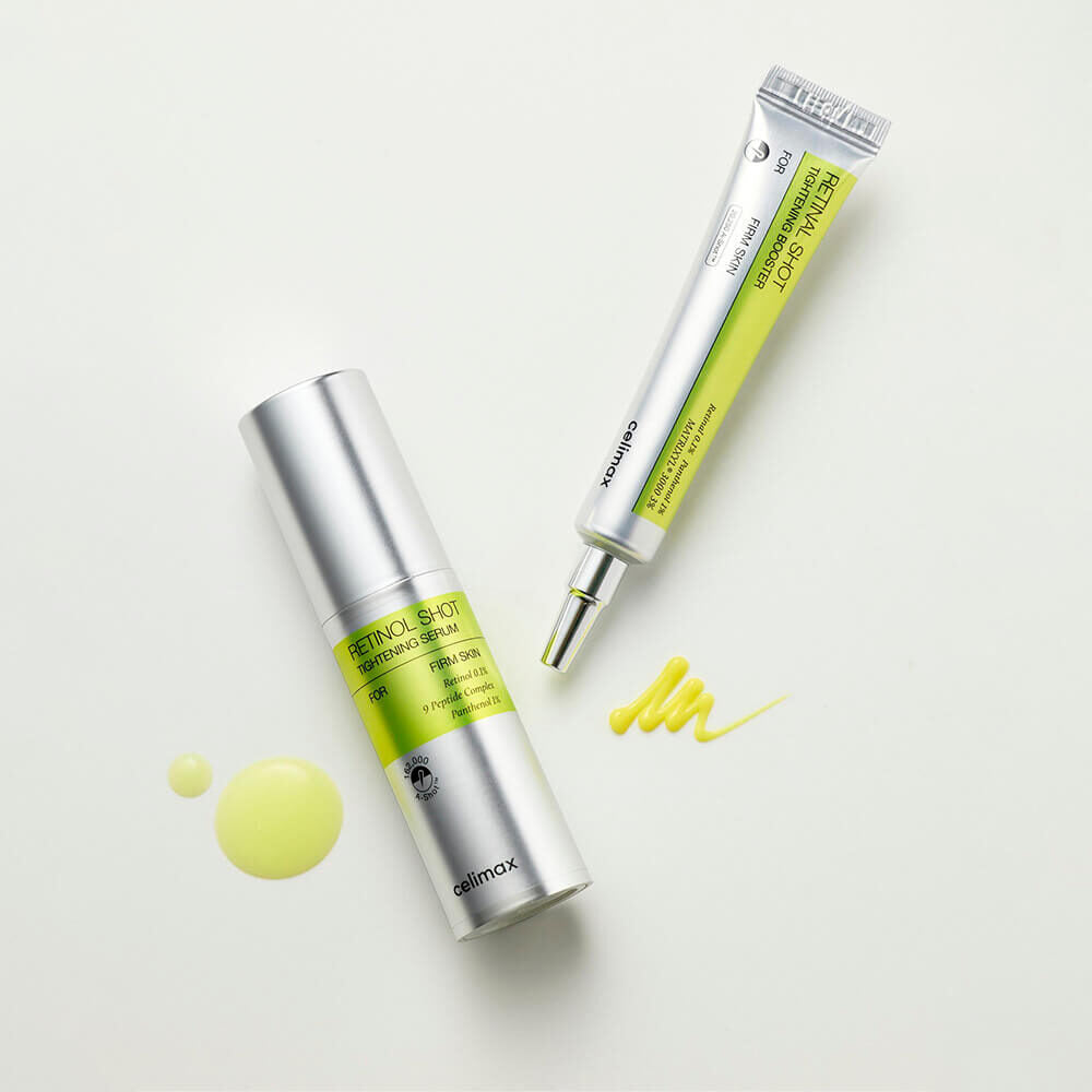 CELIMAX Retinol Shot Tightening Serum 30ml with pump and swatch on white background