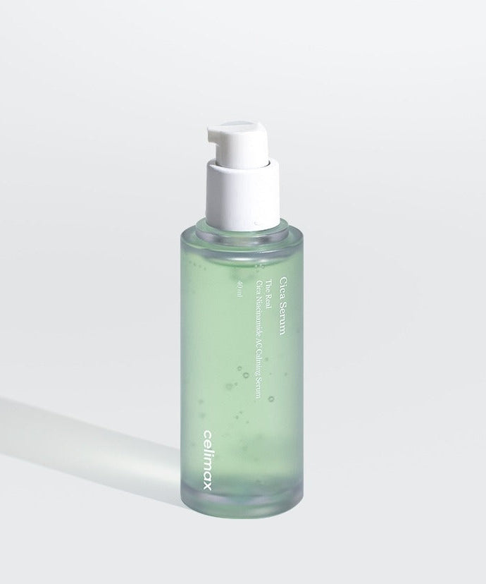 CELIMAX The Real Cica Nicinamide AC Calming Seru 40ml green bottle on white background