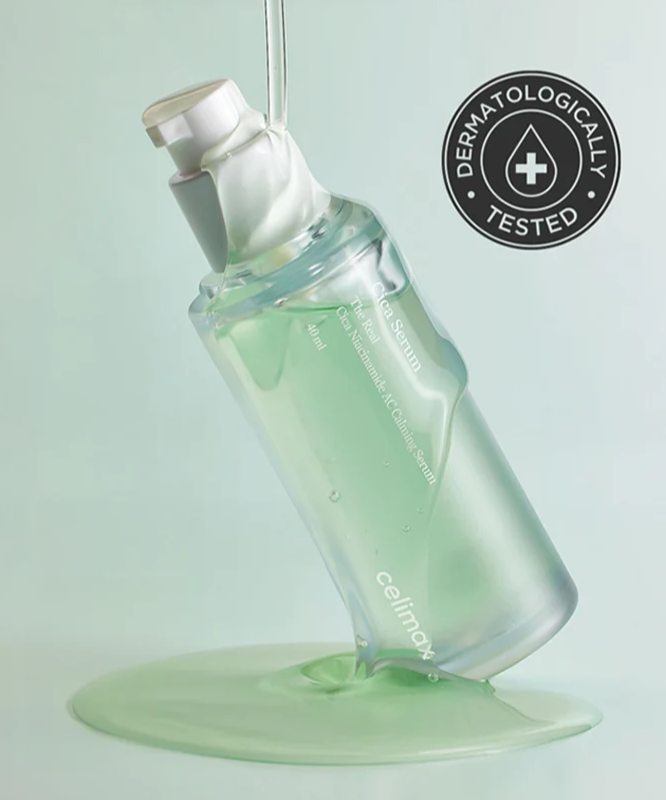 CELIMAX The Real Cica Nicinamide AC Calming Seru 40ml in a tilted bottle with dermatologically tested badge.