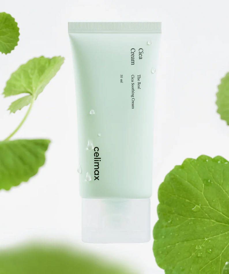 CELIMAX The Real Cica Soothing Cream 50ml tube with green leaves background