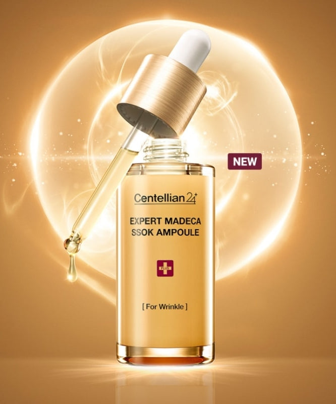 CENTELLIAN 24 Expert Madeca Ssok Ampoule 38ml anti-aging skincare serum with dropper, gold background