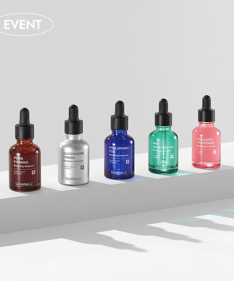 CENTELLIAN 24 Glutathione Toning Boosting Ampoule 30ml 5 Types displayed on a shelf