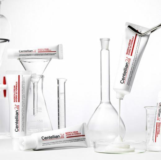 CENTELLIAN 24 Madeca Cream Hydra 3x Formula 50ml skincare tubes with white cream and laboratory glassware