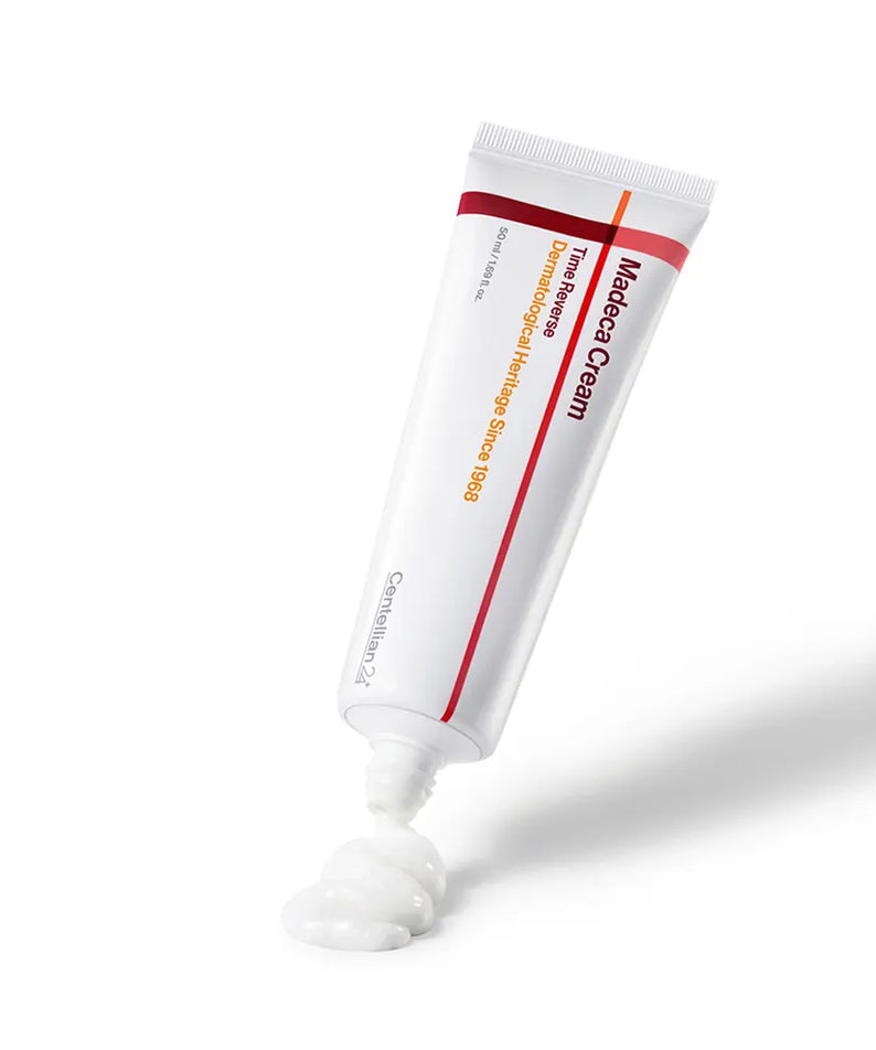 CENTELLIAN 24 Madeca Cream Time Reverse 50ml in a white tube with cream flowing out, ideal for skincare enthusiasts.