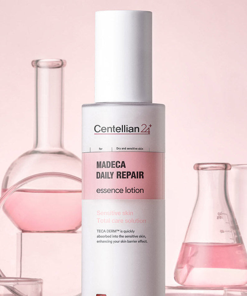 CENTELLIAN 24 Madeca Daily Repair Essence Lotion 100ml bottle with scientific glassware background.