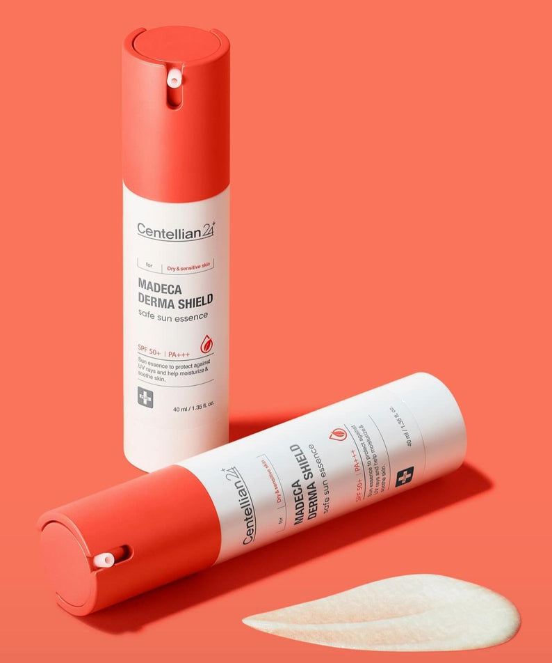 CENTELLIAN 24 Madeca Derma Sheild Safe Sun Essence 40ml product display with two bottles and cream texture sample