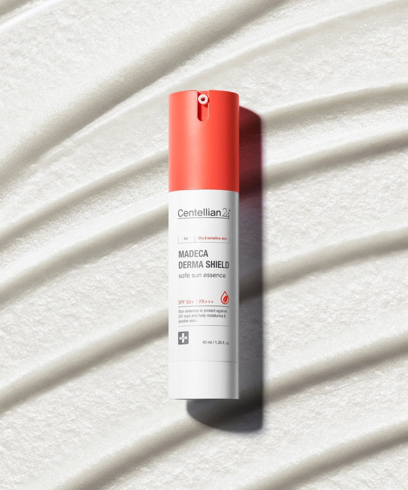 CENTELLIAN 24 Madeca Derma Sheild Safe Sun Essence 40ml on textured white background