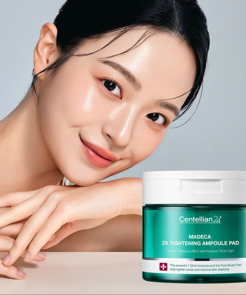 CENTELLIAN 24 Madeca Double Tightening Ampoule Pads (60 sheets) with packaging displayed next to smiling woman.