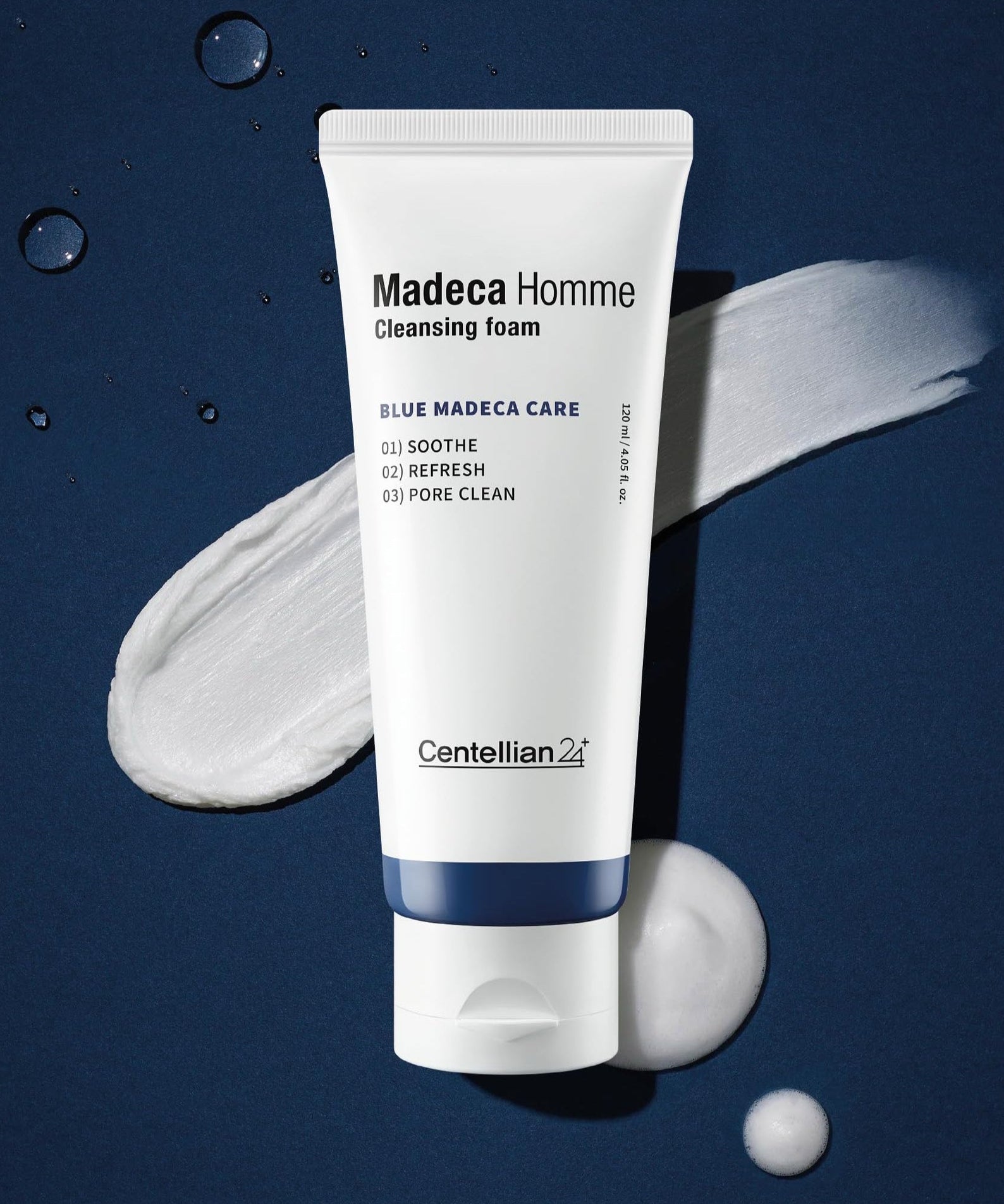 CENTELLIAN 24 Madeca Homme Cleansing Foam 120ml tube on navy background with foam swipes - Gentleman Korea product image