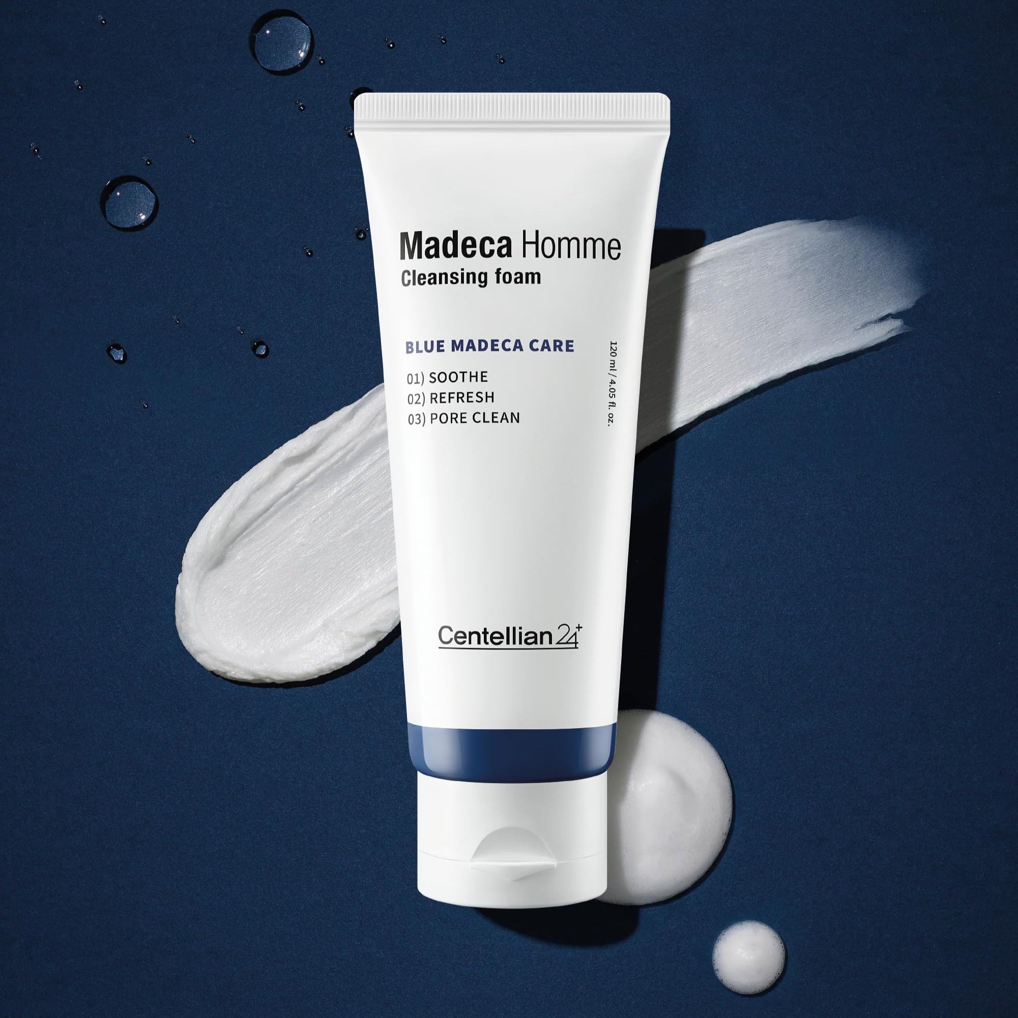 CENTELLIAN 24 Madeca Homme Cleansing Foam 120ml tube on navy background with foam swipes - Gentleman Korea product image