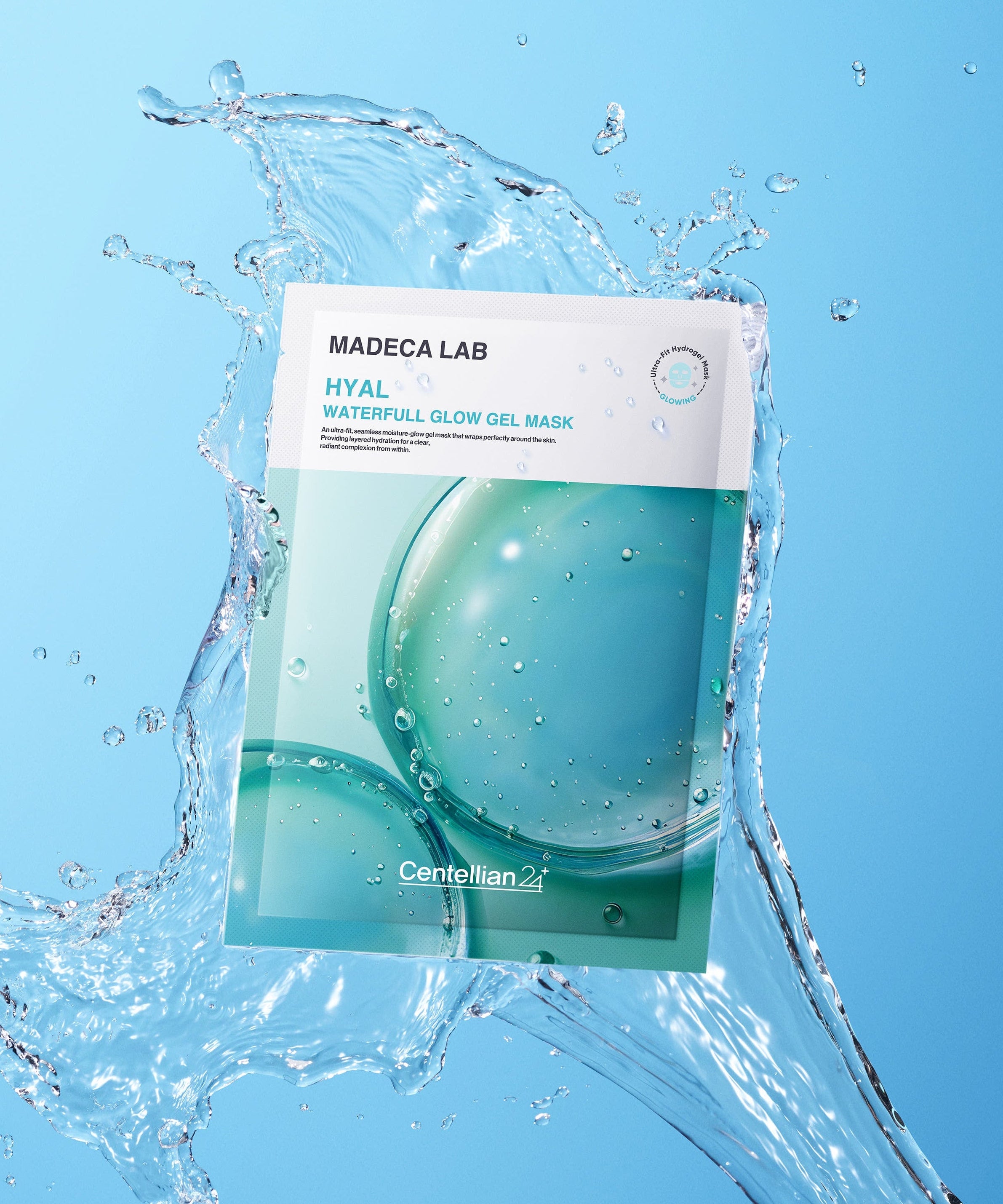 CENTELLIAN 24 Madeca Lab Gel Mask 22ml x 1 sheet floating in water with blue background