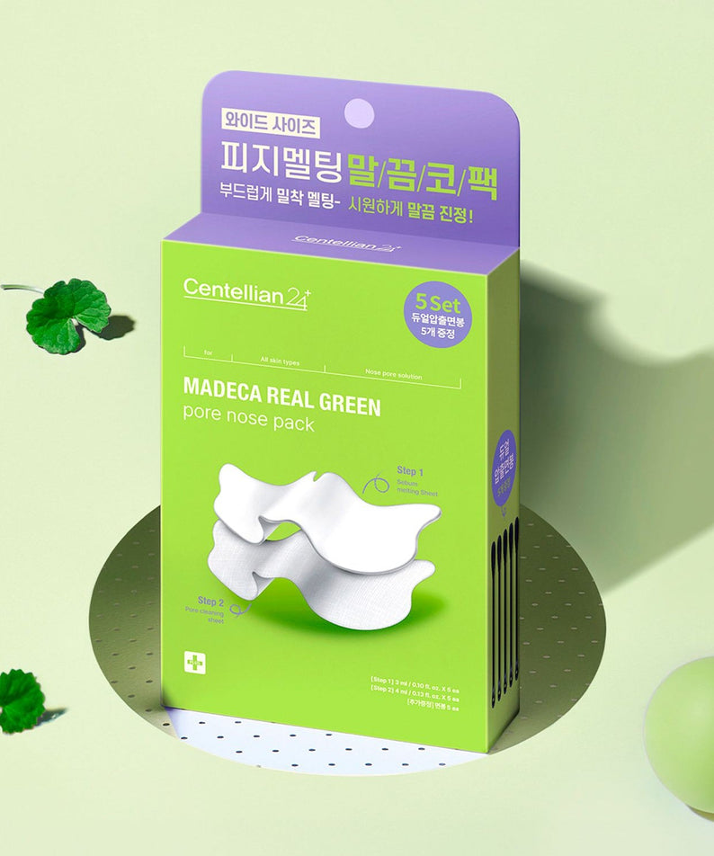 CENTELLIAN 24 Madeca Real Green Pore Nose Pack (5 sheets) shown in packaging against a light green background.
