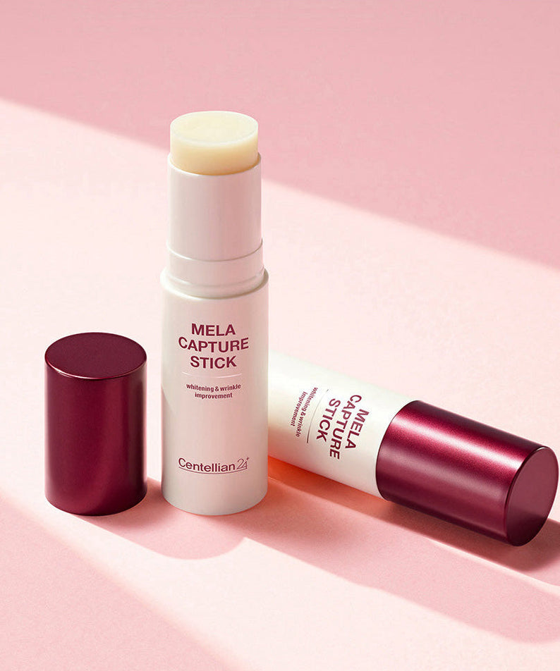 CENTELLIAN 24 Mela Capture Stick 10g displayed with open cap on pink background