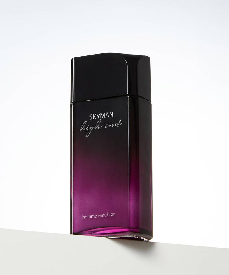 CHARMZONE Skyman High-End Homme Emulsion 130ml bottle on pedestal, Korean men’s skincare by Gentleman Korea