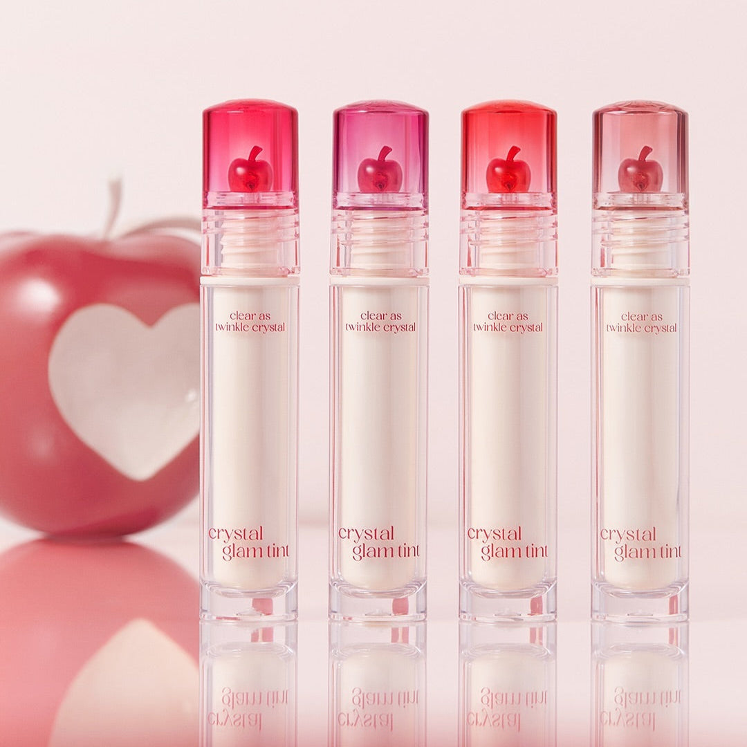 CLIO Crystal Glam Tint lip gloss collection with vibrant shades and elegant packaging
